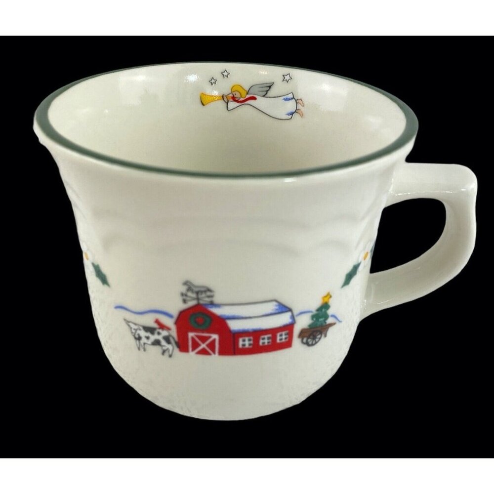 Pfaltzgraff Snow Village 5 Christmas Mugs Country Cream w Red Barn Farm Angel